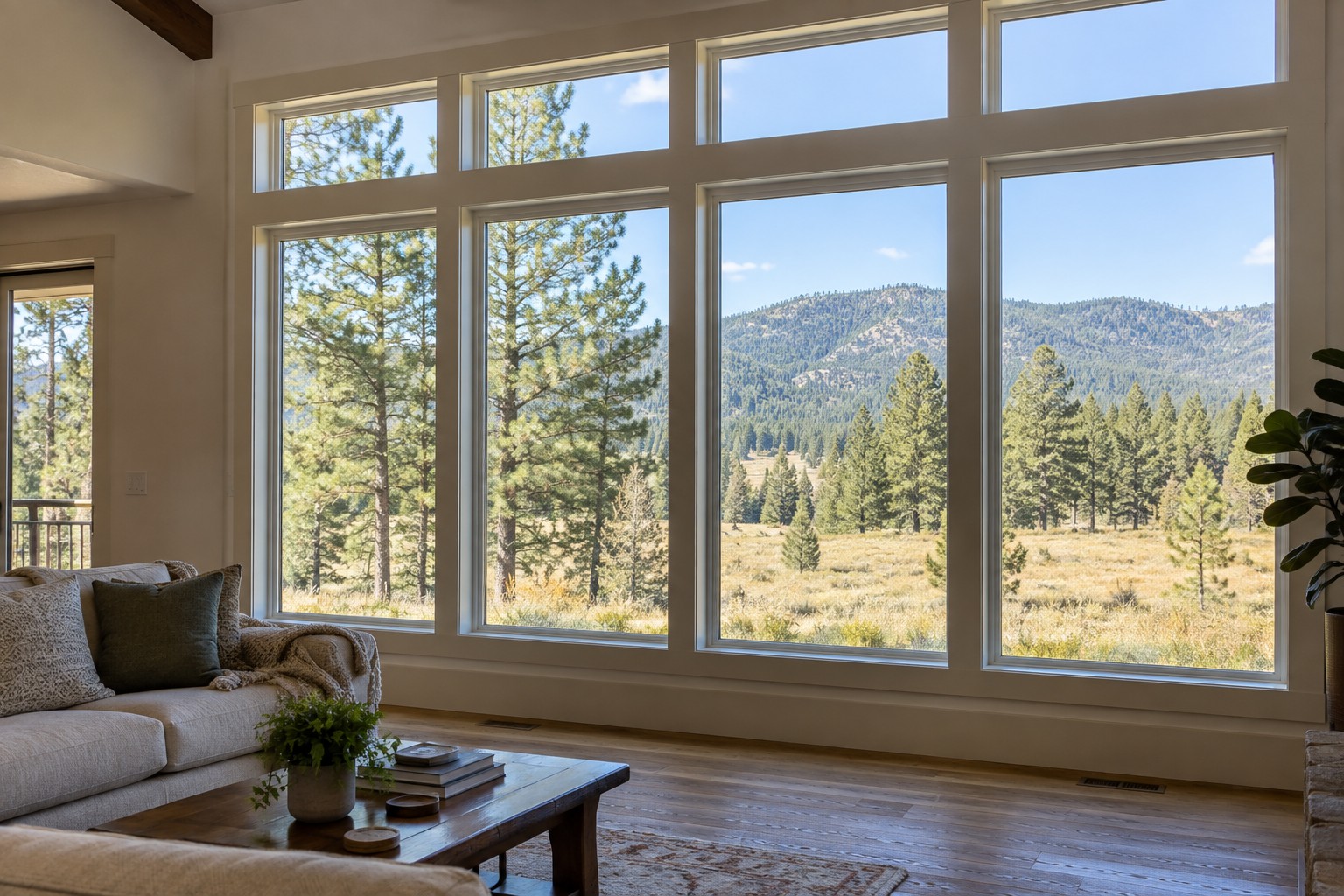 Concept interior with clear floor-to-ceiling windows overlooking open meadows and mountain foothills